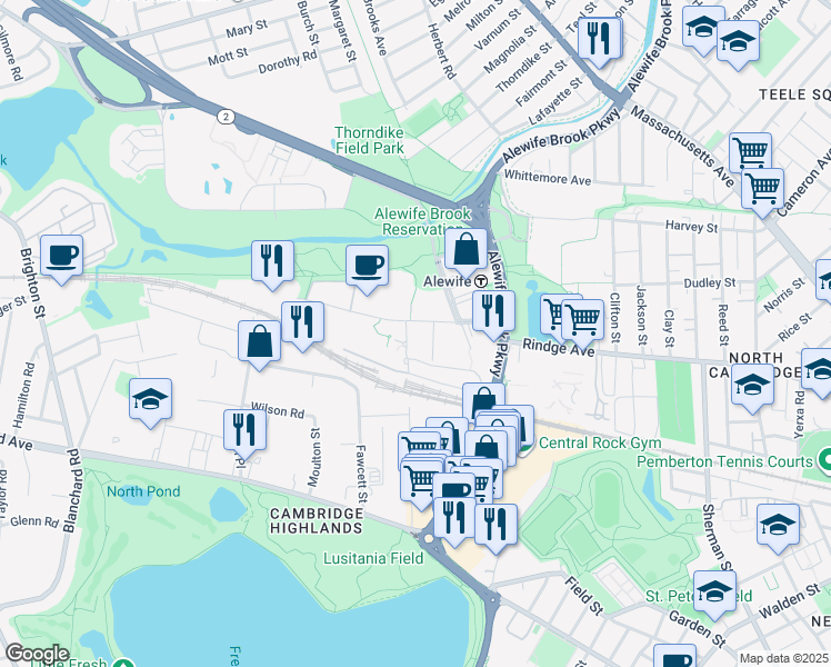map of restaurants, bars, coffee shops, grocery stores, and more near 54 Cambridgepark Drive in Cambridge