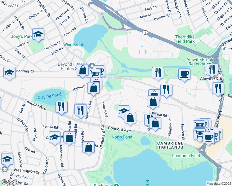map of restaurants, bars, coffee shops, grocery stores, and more near 86 Normandy Avenue in Cambridge