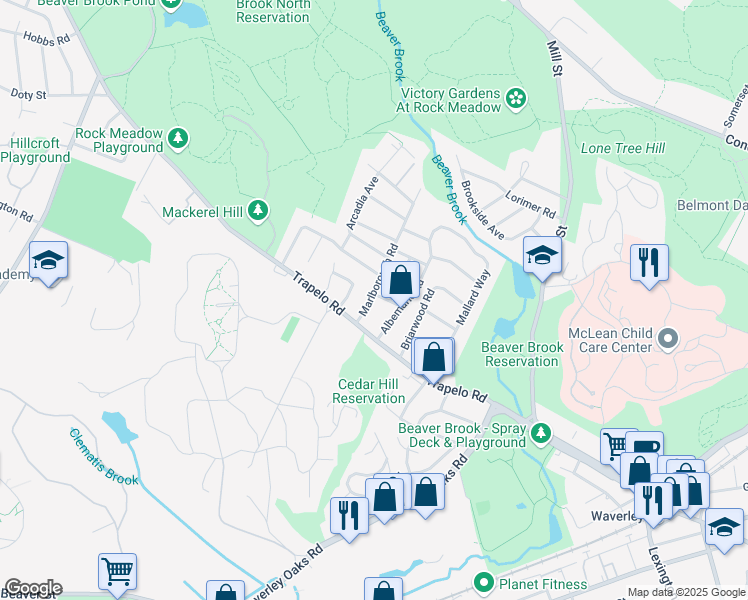 map of restaurants, bars, coffee shops, grocery stores, and more near 22 Marlborough Road in Waltham