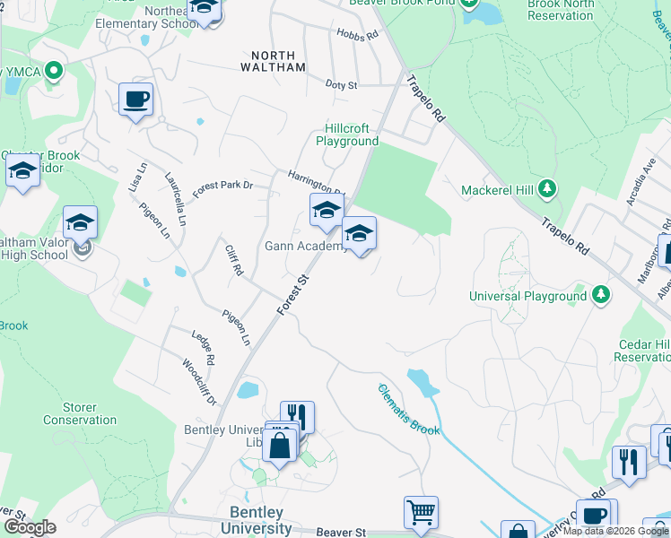 map of restaurants, bars, coffee shops, grocery stores, and more near in Waltham