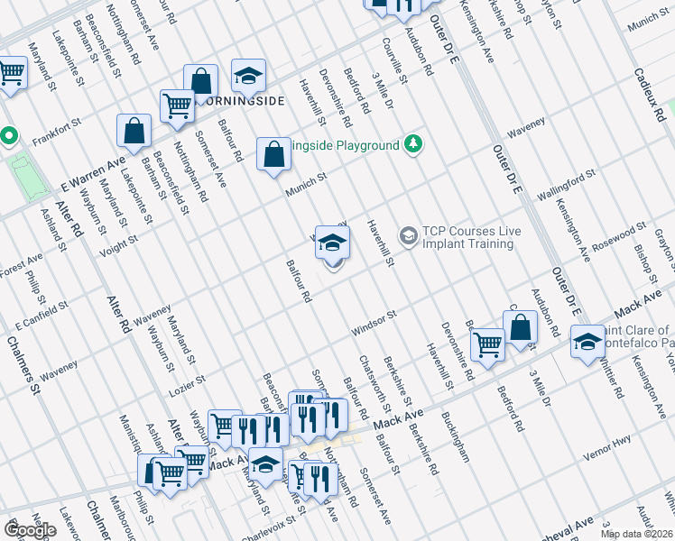 map of restaurants, bars, coffee shops, grocery stores, and more near 15755 Bremen Street in Detroit