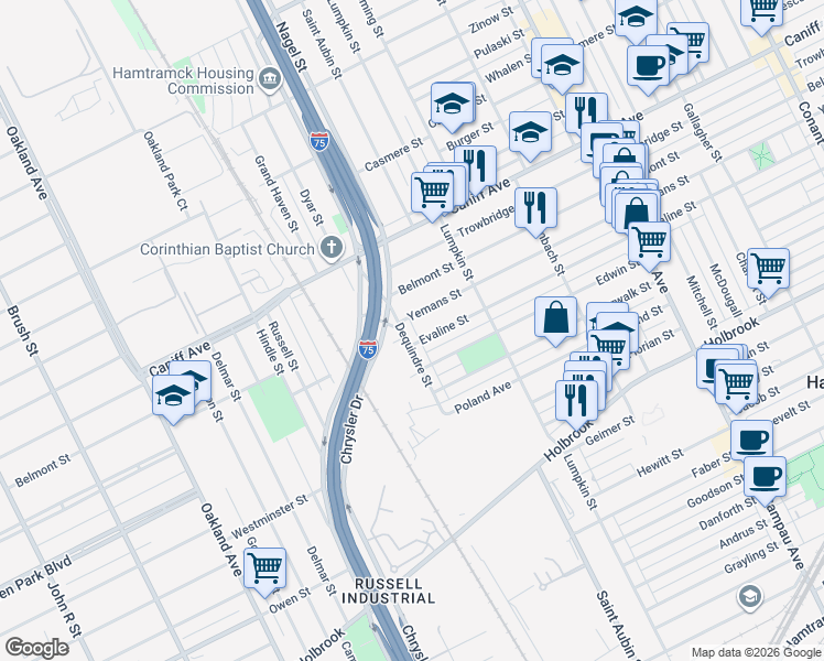 map of restaurants, bars, coffee shops, grocery stores, and more near 9836 Dequindre Street in Hamtramck