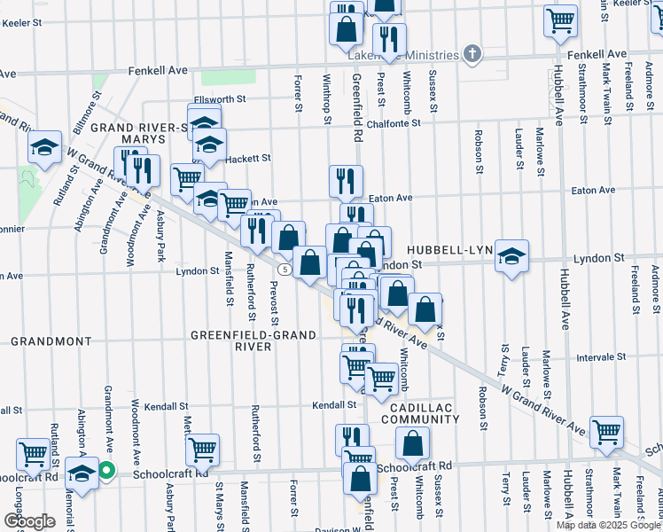map of restaurants, bars, coffee shops, grocery stores, and more near 14579 Winthrop Street in Detroit