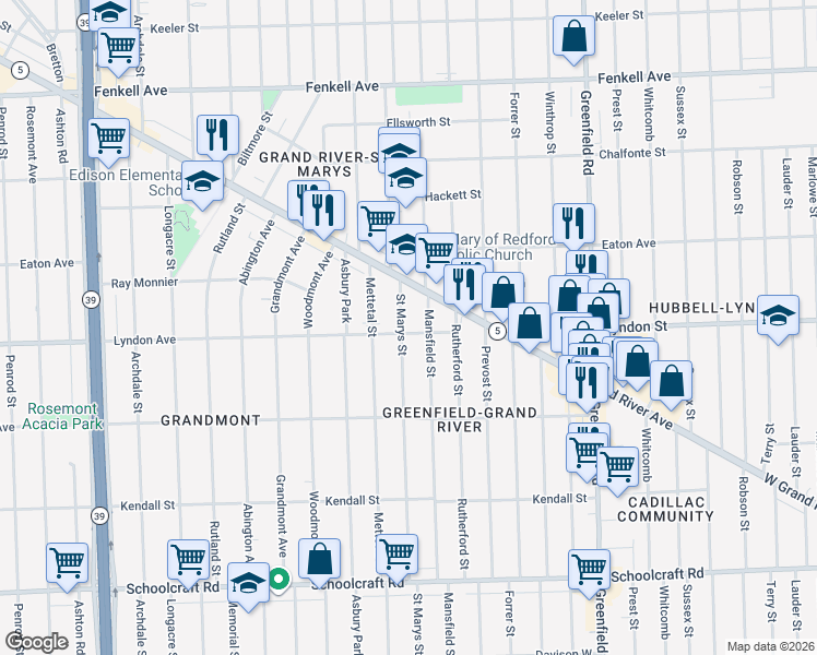 map of restaurants, bars, coffee shops, grocery stores, and more near 14512 Mansfield Street in Detroit