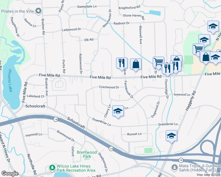 map of restaurants, bars, coffee shops, grocery stores, and more near 49300 Crabtree Crossing in Wayne County
