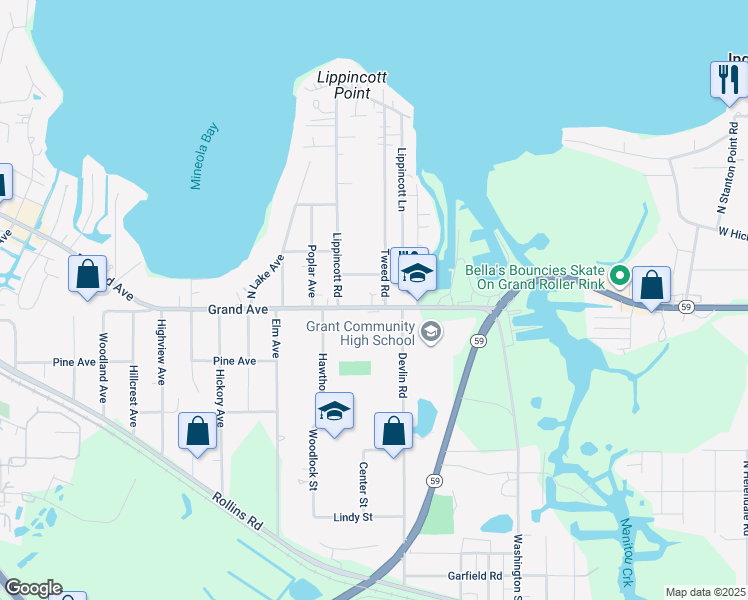map of restaurants, bars, coffee shops, grocery stores, and more near 260 Grand Avenue in Fox Lake