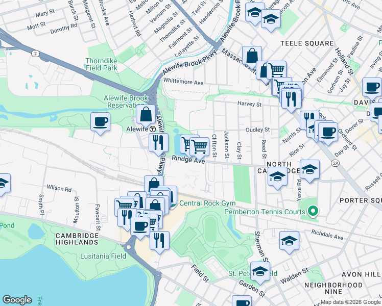 map of restaurants, bars, coffee shops, grocery stores, and more near 361 Rindge Ave in Cambridge