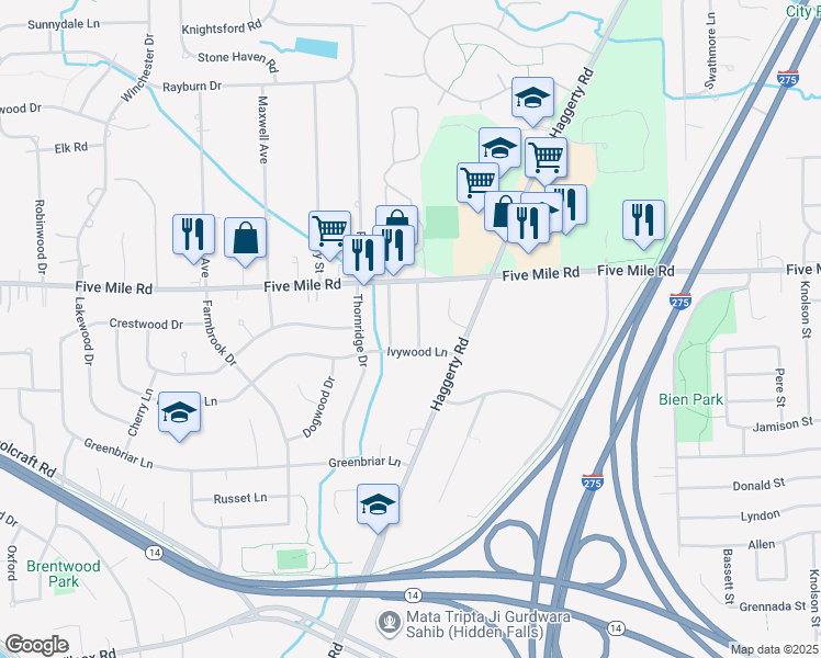 map of restaurants, bars, coffee shops, grocery stores, and more near 15127 Inbrook Drive in Plymouth