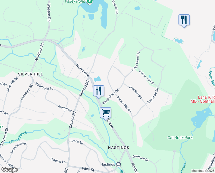 map of restaurants, bars, coffee shops, grocery stores, and more near 12 Myles Standish Road in Weston
