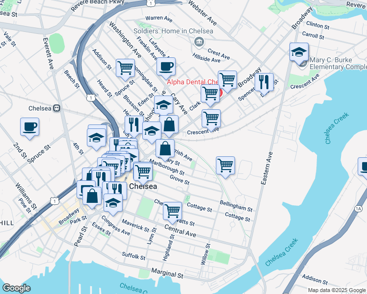 map of restaurants, bars, coffee shops, grocery stores, and more near 24 Gerrish Avenue in Chelsea