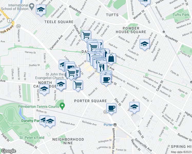 map of restaurants, bars, coffee shops, grocery stores, and more near 23 Cottage Avenue in Somerville