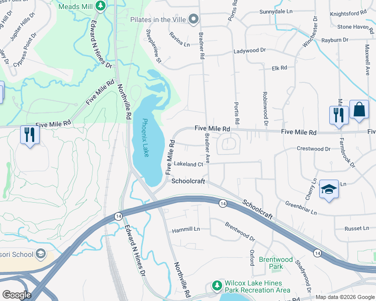 map of restaurants, bars, coffee shops, grocery stores, and more near 42475 Parkhurst Rd in Plymouth