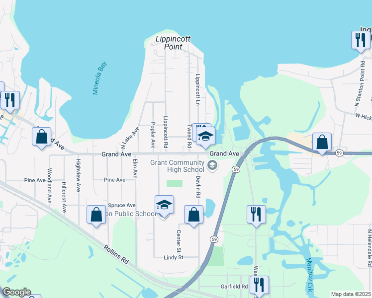 map of restaurants, bars, coffee shops, grocery stores, and more near 262 East Grand Avenue in Fox Lake