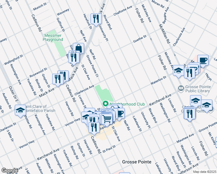 map of restaurants, bars, coffee shops, grocery stores, and more near 754 Neff Road in Grosse Pointe