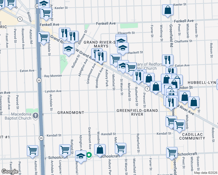 map of restaurants, bars, coffee shops, grocery stores, and more near 14526 Asbury Park in Detroit