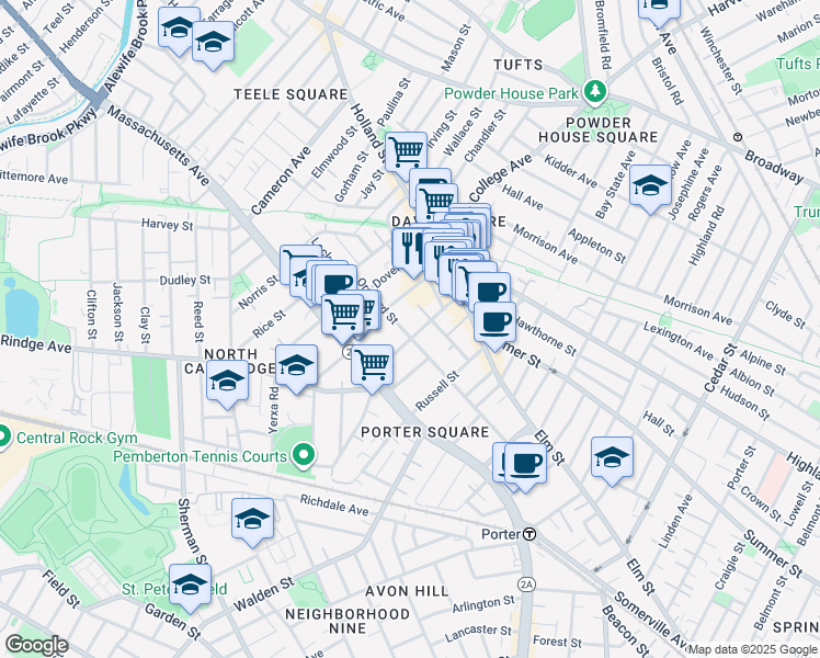 map of restaurants, bars, coffee shops, grocery stores, and more near 27 Chester Street in Somerville