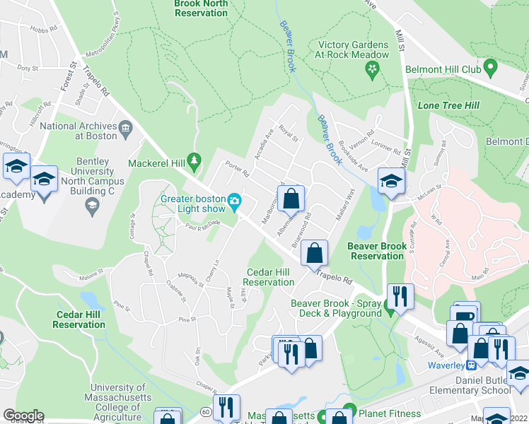 map of restaurants, bars, coffee shops, grocery stores, and more near 22 Marlborough Road in Waltham
