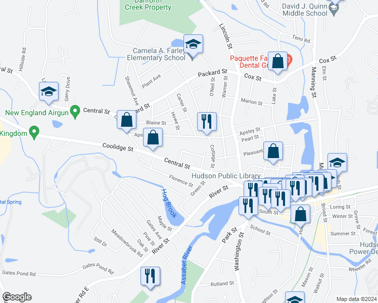 map of restaurants, bars, coffee shops, grocery stores, and more near 15 Franklin Street in Hudson