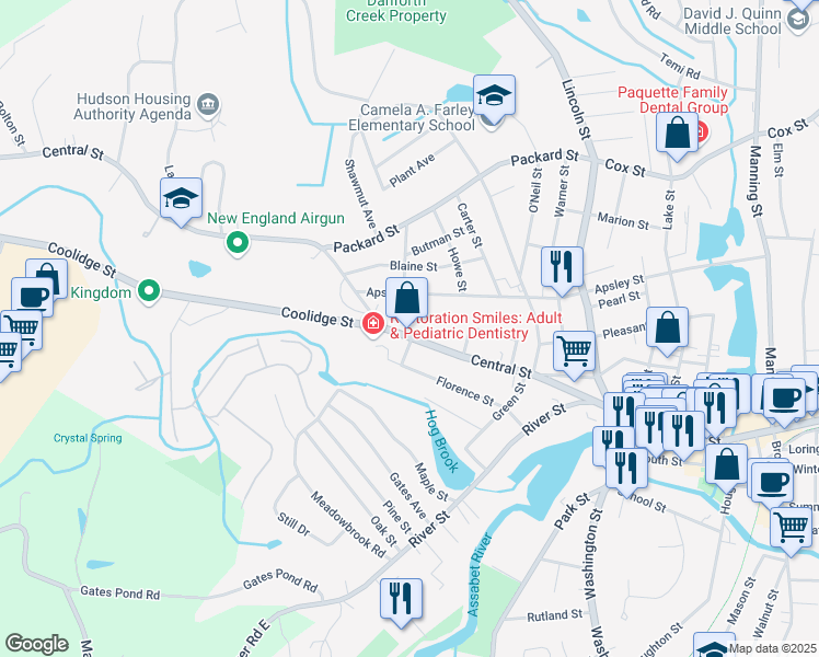 map of restaurants, bars, coffee shops, grocery stores, and more near 87 Central St in Hudson