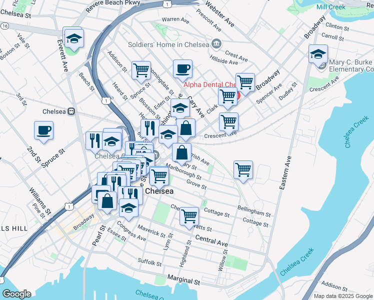 map of restaurants, bars, coffee shops, grocery stores, and more near 4 Gerrish Avenue in Chelsea