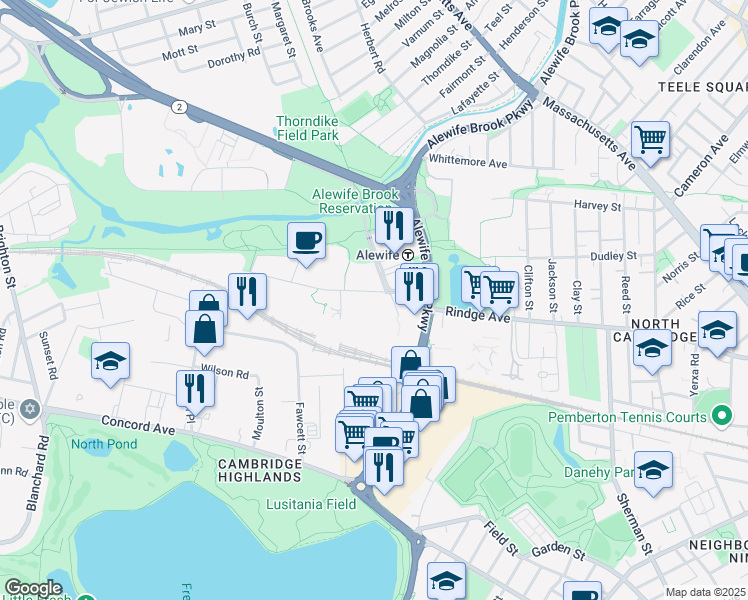 map of restaurants, bars, coffee shops, grocery stores, and more near 30 Cambridgepark Drive in Cambridge