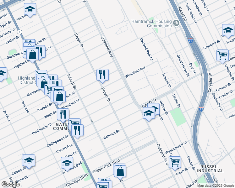 map of restaurants, bars, coffee shops, grocery stores, and more near 568 Englewood St in Detroit