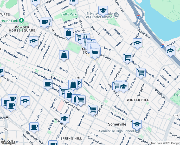 map of restaurants, bars, coffee shops, grocery stores, and more near 38 Trull Street in Somerville