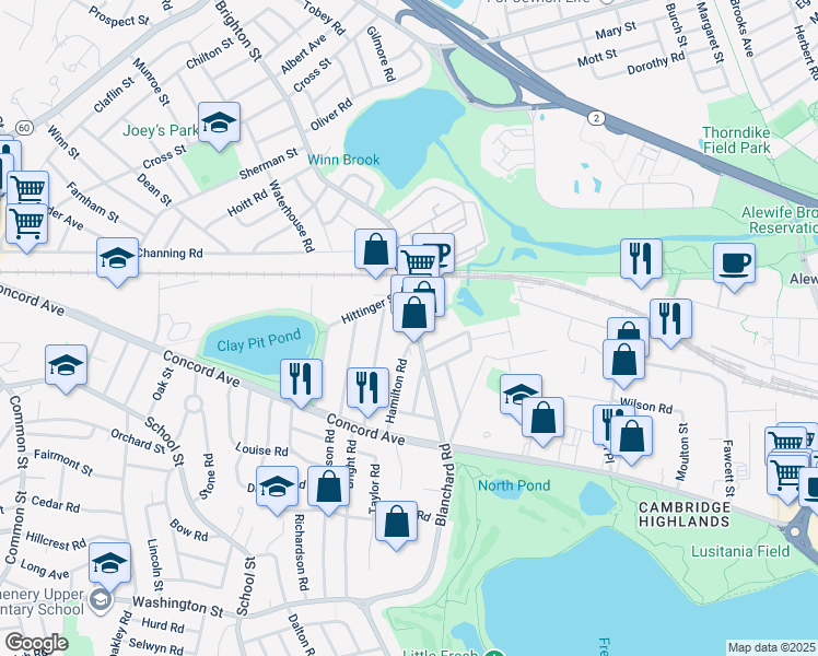 map of restaurants, bars, coffee shops, grocery stores, and more near 2 Brighton Street in Belmont