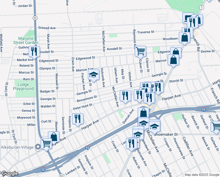 map of restaurants, bars, coffee shops, grocery stores, and more near 9300 Georgia Street in Detroit
