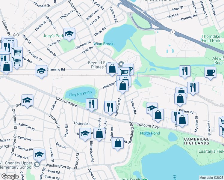 map of restaurants, bars, coffee shops, grocery stores, and more near 86 Baker Street in Belmont