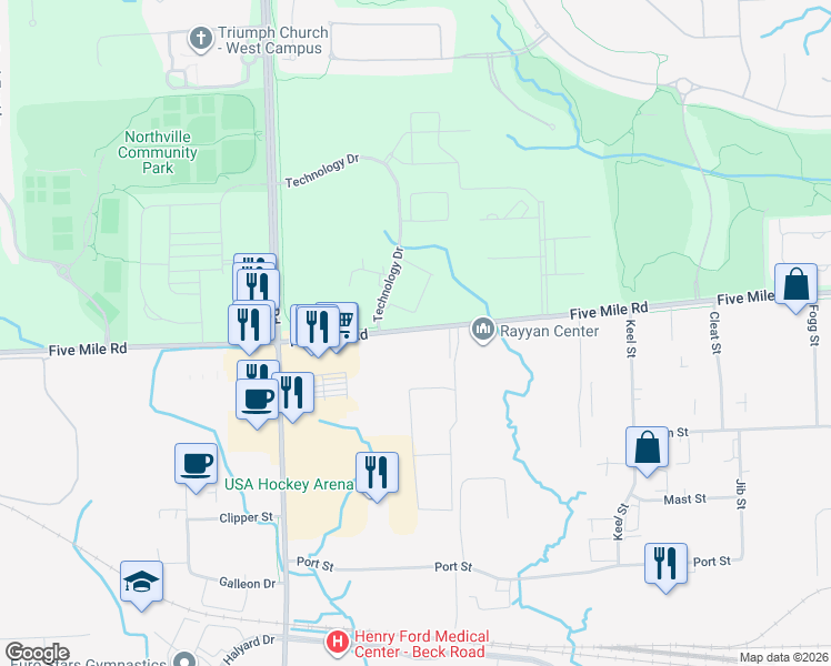 map of restaurants, bars, coffee shops, grocery stores, and more near 46624-46962 5 Mile Road in Northville