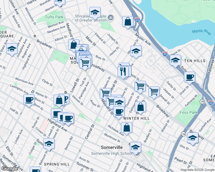 map of restaurants, bars, coffee shops, grocery stores, and more near 43 Adams Street in Somerville