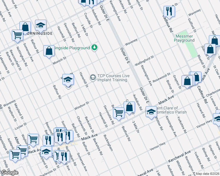 map of restaurants, bars, coffee shops, grocery stores, and more near 3927 3 Mile Drive in Detroit