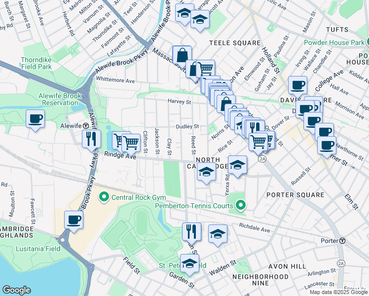 map of restaurants, bars, coffee shops, grocery stores, and more near 29 Montgomery Street in Cambridge