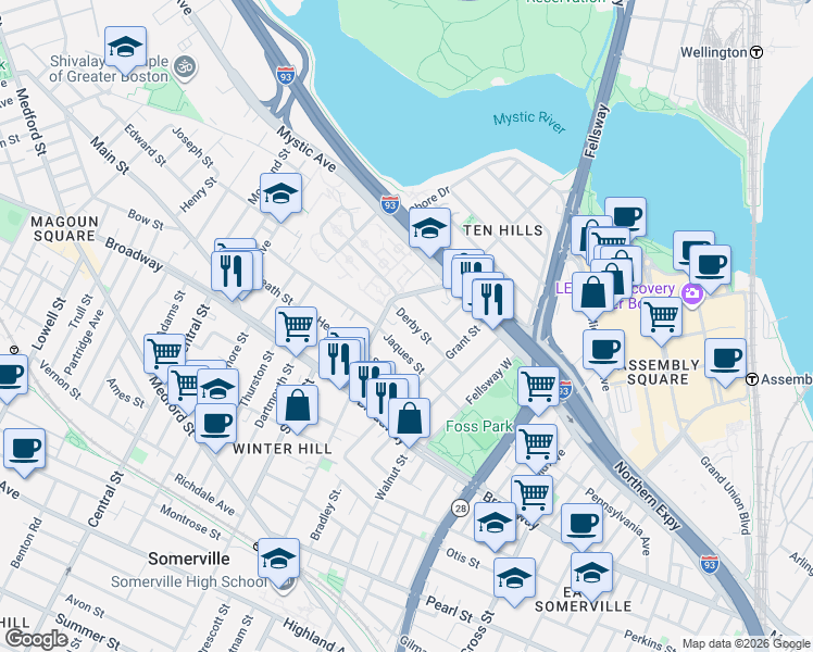 map of restaurants, bars, coffee shops, grocery stores, and more near 60 Derby Street in Somerville