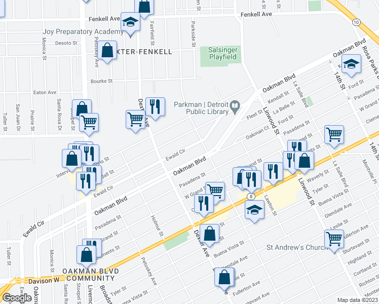 map of restaurants, bars, coffee shops, grocery stores, and more near 2051 Ewald Circle in Detroit