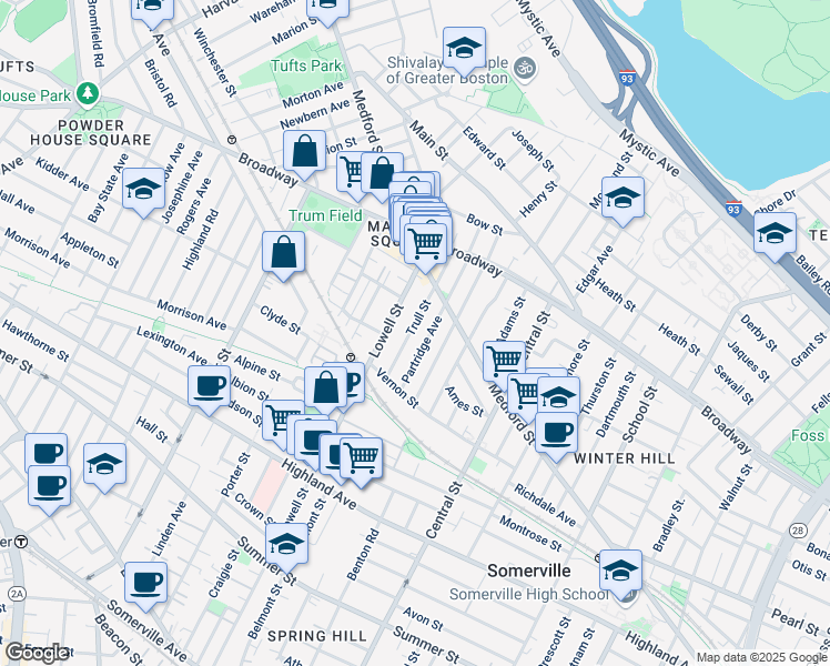 map of restaurants, bars, coffee shops, grocery stores, and more near 38 Trull Street in Somerville