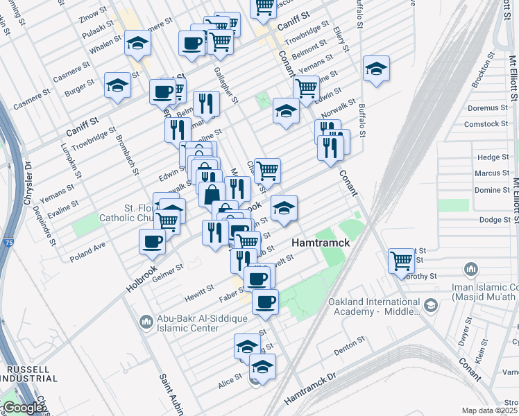 map of restaurants, bars, coffee shops, grocery stores, and more near 3114 Holbrook Avenue in Hamtramck