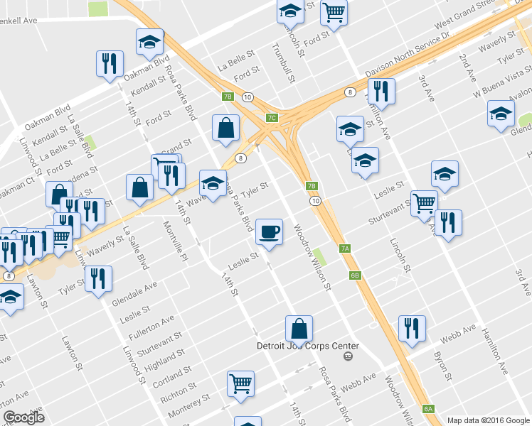 map of restaurants, bars, coffee shops, grocery stores, and more near 1665 Buena Vista Street in Detroit