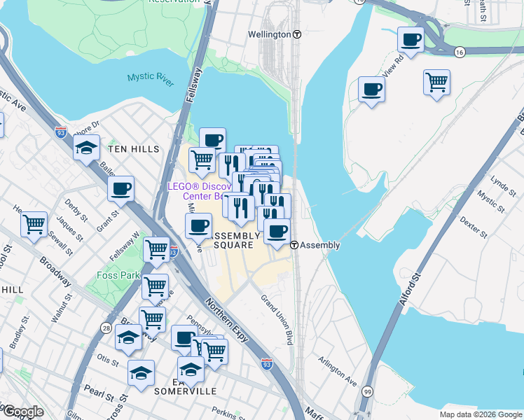 map of restaurants, bars, coffee shops, grocery stores, and more near 445 Artisan Way in Somerville