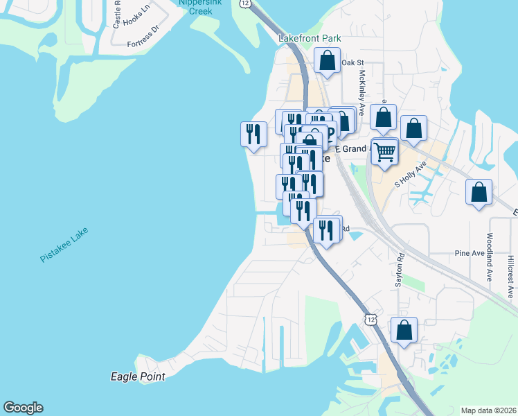 map of restaurants, bars, coffee shops, grocery stores, and more near 34 South Pistakee Lake Road in Fox Lake
