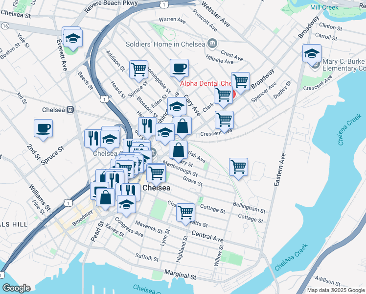 map of restaurants, bars, coffee shops, grocery stores, and more near 587 Broadway in Everett