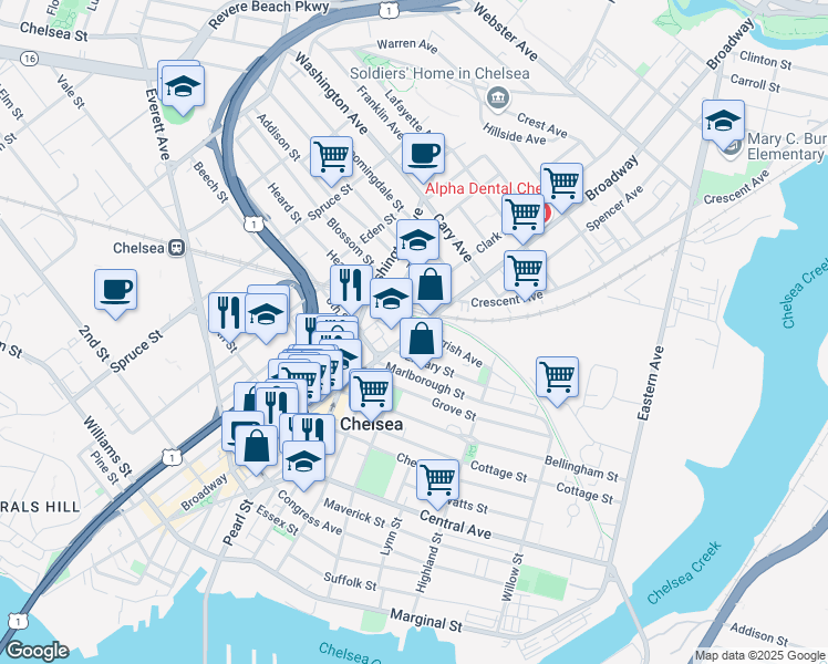 map of restaurants, bars, coffee shops, grocery stores, and more near 587 Broadway in Everett