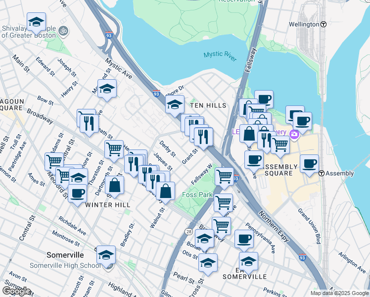map of restaurants, bars, coffee shops, grocery stores, and more near 43 Sydney Street in Somerville