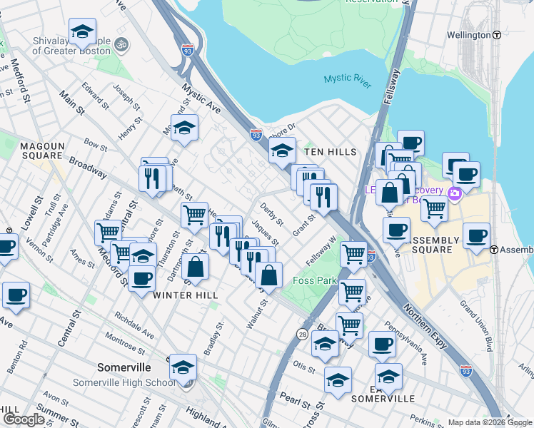 map of restaurants, bars, coffee shops, grocery stores, and more near 64 Derby Street in Somerville