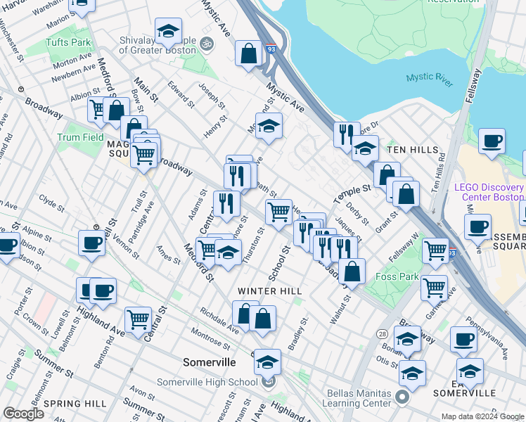 map of restaurants, bars, coffee shops, grocery stores, and more near 11 Fenwick Street in Somerville