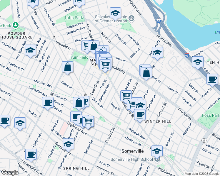 map of restaurants, bars, coffee shops, grocery stores, and more near 47 Partridge Avenue in Somerville
