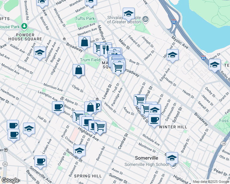 map of restaurants, bars, coffee shops, grocery stores, and more near 38 Trull Street in Somerville