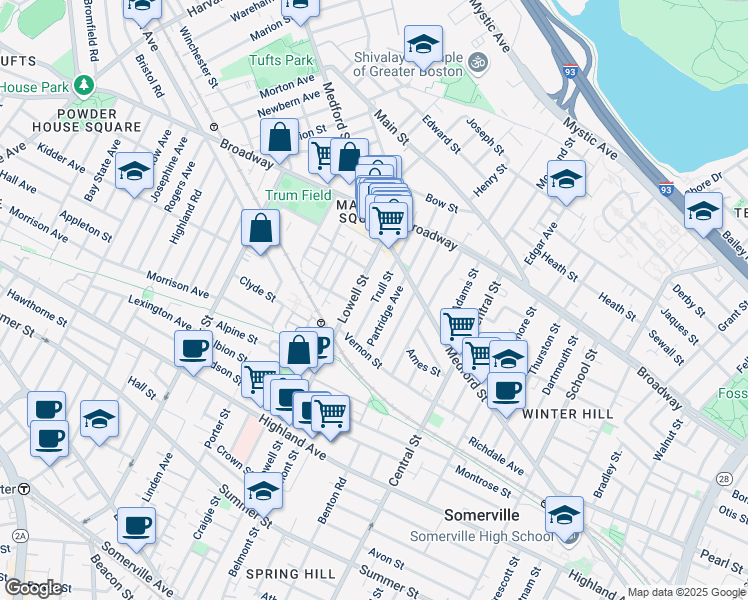 map of restaurants, bars, coffee shops, grocery stores, and more near 38 Trull Street in Somerville