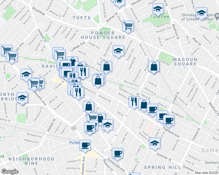 map of restaurants, bars, coffee shops, grocery stores, and more near 82 Lexington Avenue in Somerville